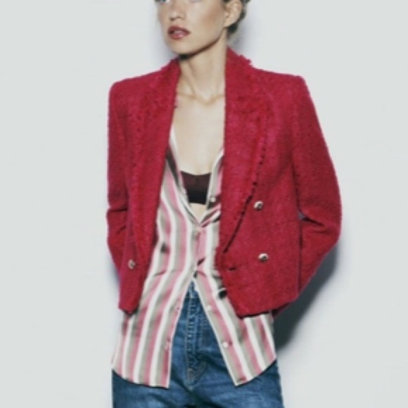 Zara Textured Blazer Frayed Lapel Fuschia XS - Picture 5 of 9